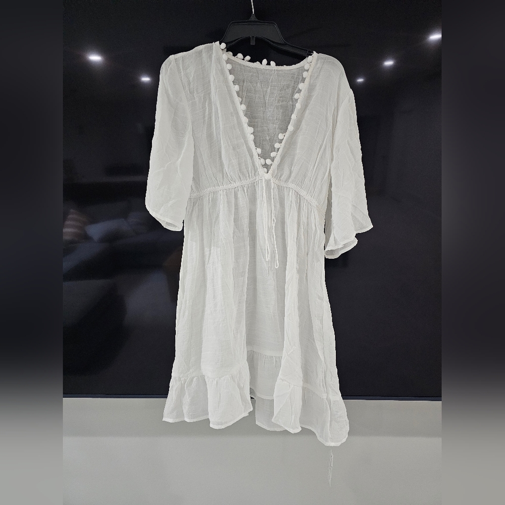 White Swim Coverup with Pom Pom Trim